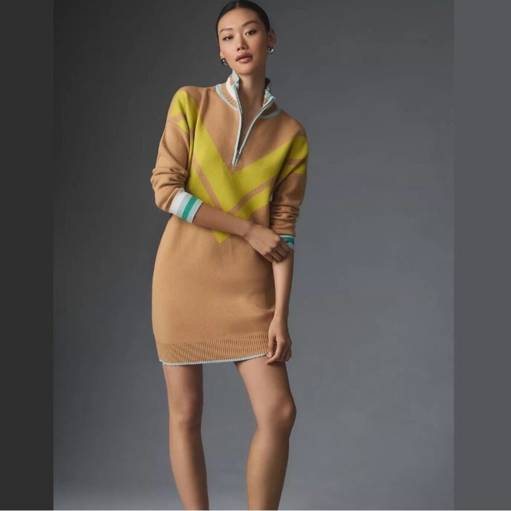 Like new Maeve by Anthropologie Varsity Half-Zip Tunic Mini Dress Neutral Motif